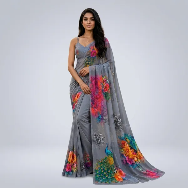 Grey_Pure_Georgette_Saree_Matching_Blouse_Piece_For_Women