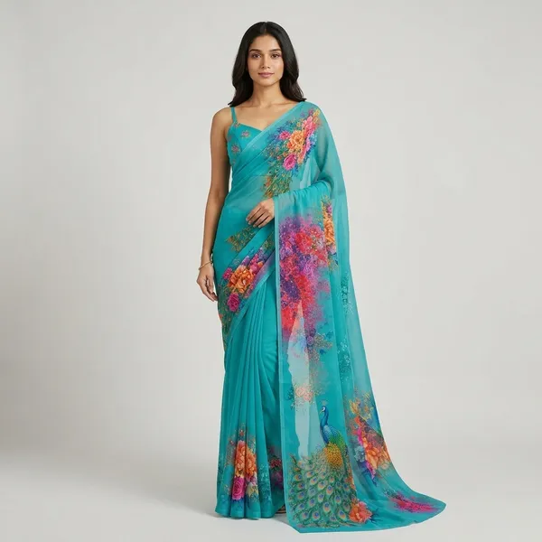 Turquoise_Pure_Georgette_Saree_Matching_Blouse_Piece_For_Women