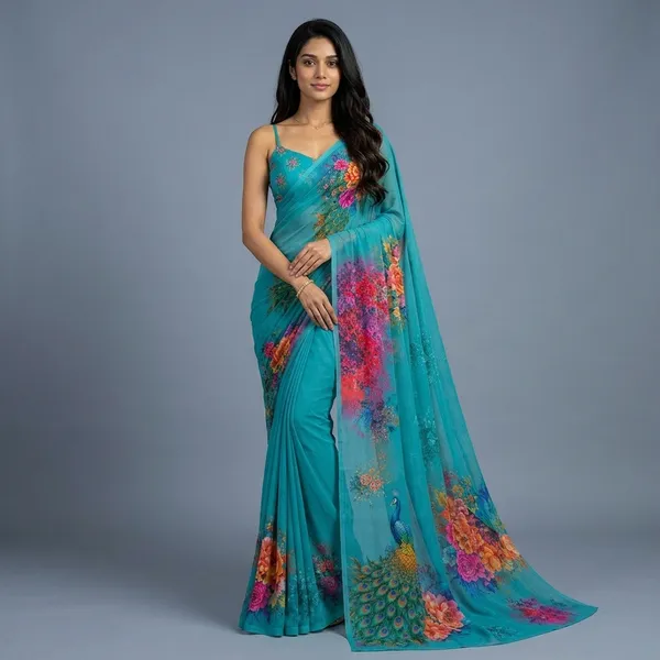 Turquoise_Pure_Georgette_Saree_Matching_Blouse_Piece_For_Women