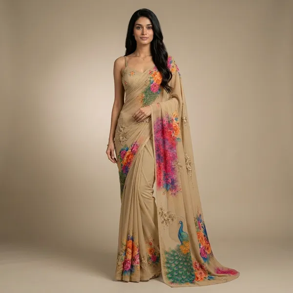 Beige_Pure_Georgette_Saree_Matching_Blouse_Piece_For_Women