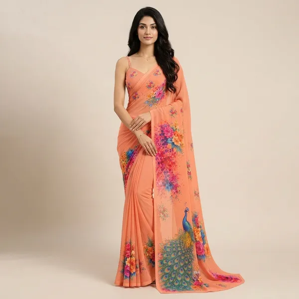 Peach_Pure_Georgette_Saree_Matching_Blouse_Piece_For_Women