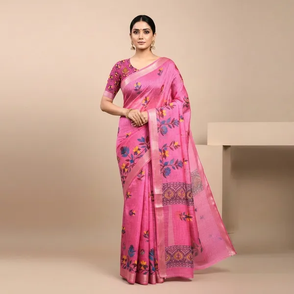 Pink_Pure_Jamdhani_Cotton_Saree_Matching_Blouse_Piece_For_Women