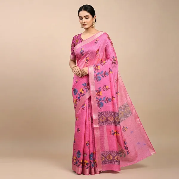 Pink_Pure_Jamdhani_Cotton_Saree_Matching_Blouse_Piece_For_Women