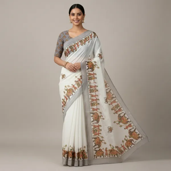 White_And_Grey_Pure_Jamdhani_Cotton_Saree_Matching_Blouse_Piece_For_Women