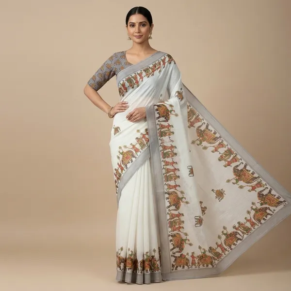White_And_Grey_Pure_Jamdhani_Cotton_Saree_Matching_Blouse_Piece_For_Women