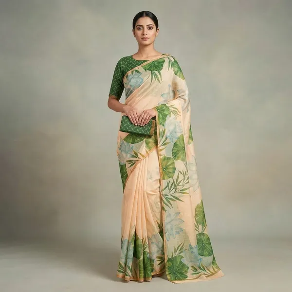 Cream_And_Green_Pure_Jamdhani_Cotton_Saree_Matching_Blouse_Piece_For_Women