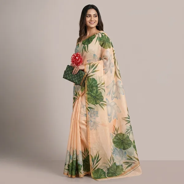 Cream_And_Green_Pure_Jamdhani_Cotton_Saree_Matching_Blouse_Piece_For_Women
