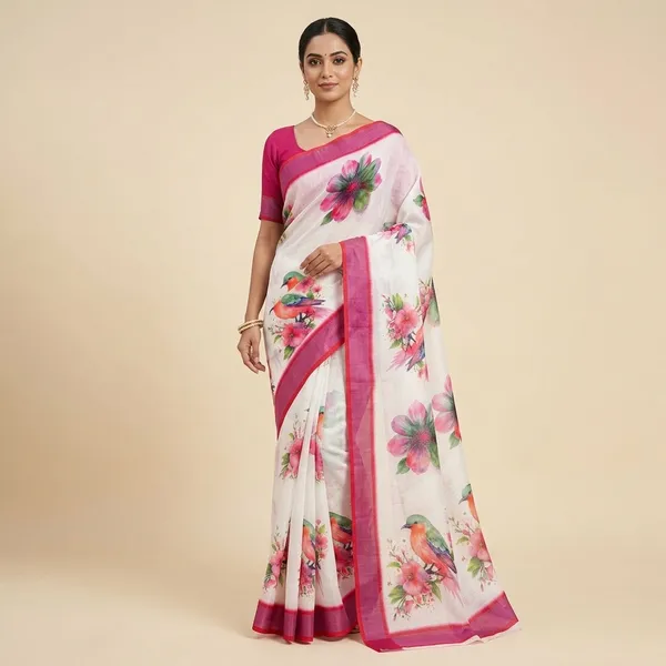 White_And_Pink_Pure_Jamdhani_Cotton_Saree_Matching_Blouse_Piece_For_Women