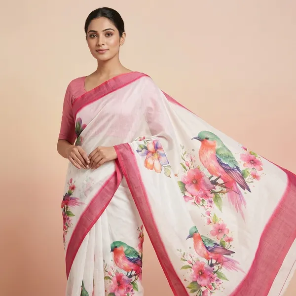 White_And_Pink_Pure_Jamdhani_Cotton_Saree_Matching_Blouse_Piece_For_Women