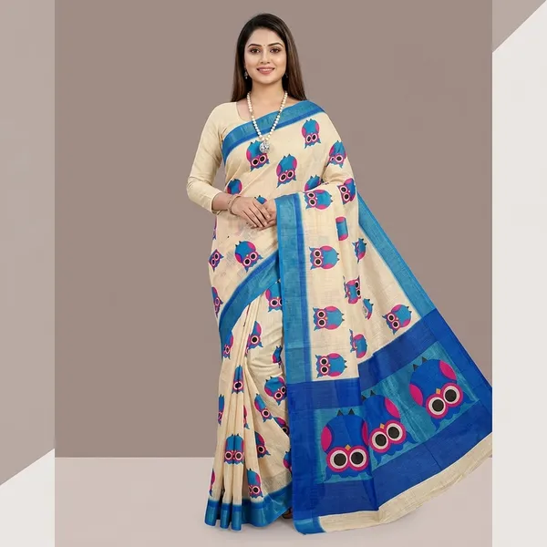 Cream_And_Blue_Pure_Jamdhani_Cotton_Saree_Matching_Blouse_Piece_For_Women