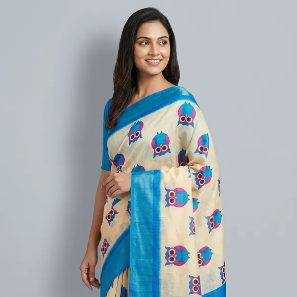 Cream_And_Blue_Pure_Jamdhani_Cotton_Saree_Matching_Blouse_Piece_For_Women