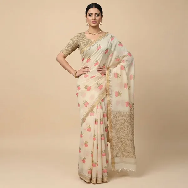 Cream_Pure_Jamdhani_Cotton_Saree_Matching_Blouse_Piece_For_Women