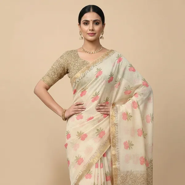Cream_Pure_Jamdhani_Cotton_Saree_Matching_Blouse_Piece_For_Women