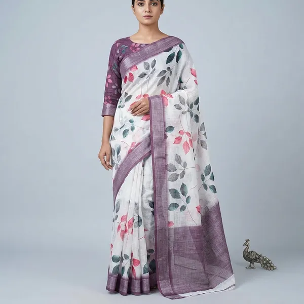 White_Pure_Jamdhani_Cotton_Saree_Matching_Blouse_Piece_For_Women