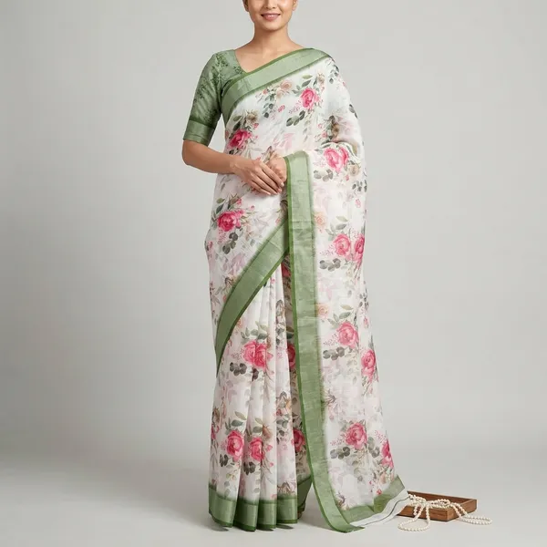 White_Pure_Jamdhani_Cotton_Saree_Matching_Blouse_Piece_For_Women