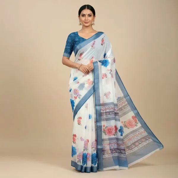 White_And_Blue_Pure_Jamdhani_Cotton_Saree_Matching_Blouse_Piece_For_Women