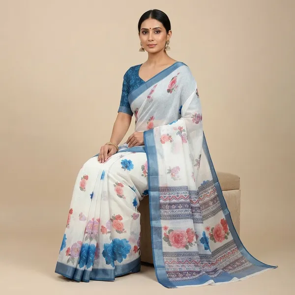 White_And_Blue_Pure_Jamdhani_Cotton_Saree_Matching_Blouse_Piece_For_Women