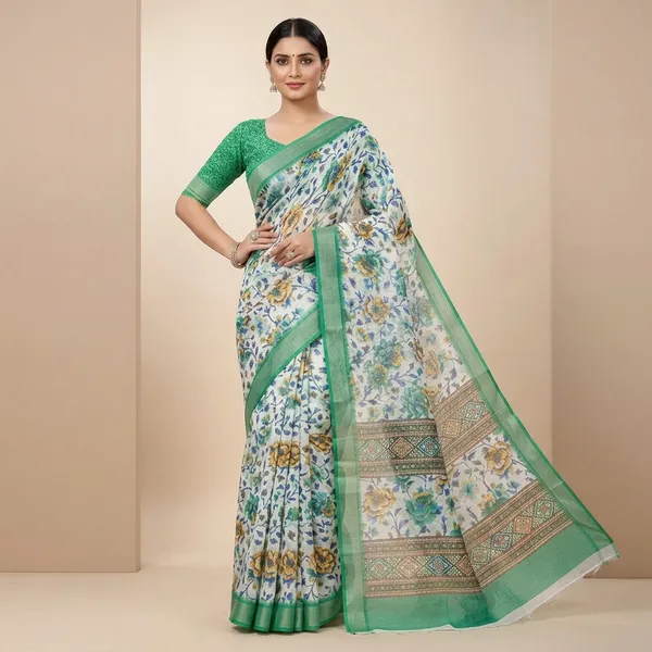 White_And_Green_Pure_Jamdhani_Cotton_Saree_Matching_Blouse_Piece_For_Women