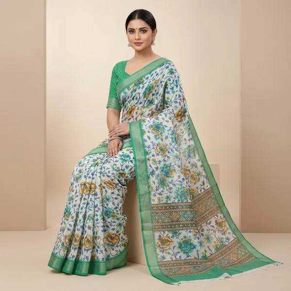 White_And_Green_Pure_Jamdhani_Cotton_Saree_Matching_Blouse_Piece_For_Women