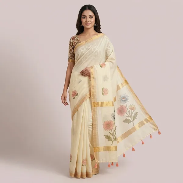 Cream_Pure_Jamdhani_Cotton_Saree_Matching_Blouse_Piece_For_Women