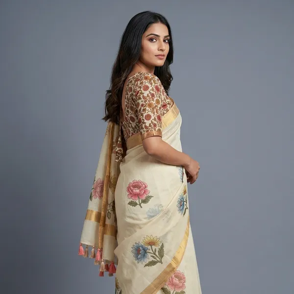 Cream_Pure_Jamdhani_Cotton_Saree_Matching_Blouse_Piece_For_Women