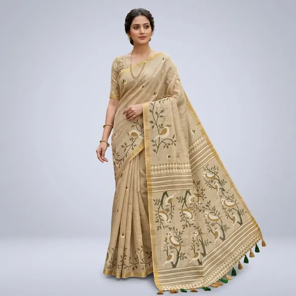 Beige_Pure_Jamdhani_Cotton_Saree_Matching_Blouse_Piece_For_Women