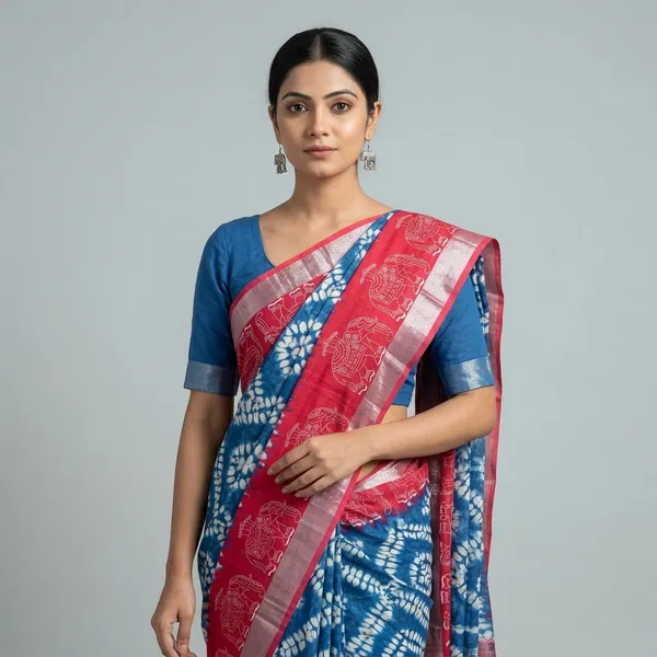 Blue_And_White_Pure_Jamdhani_Cotton_Saree_Matching_Blouse_Piece_For_Women