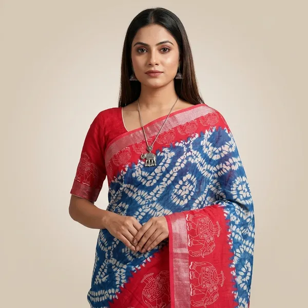 Blue_And_White_Pure_Jamdhani_Cotton_Saree_Matching_Blouse_Piece_For_Women