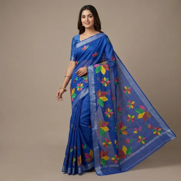 Blue_Pure_Jamdhani_Cotton_Saree_Matching_Blouse_Piece_For_Women