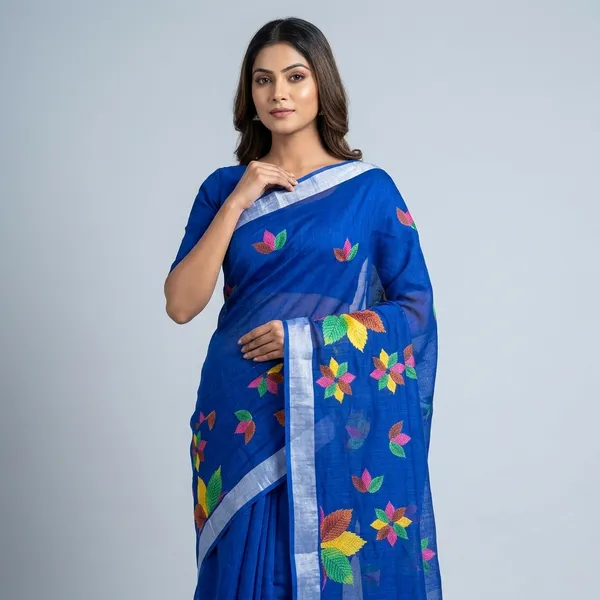 Blue_Pure_Jamdhani_Cotton_Saree_Matching_Blouse_Piece_For_Women