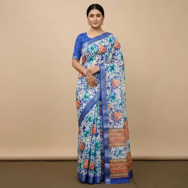Blue_Pure_Jamdhani_Cotton_Saree_Matching_Blouse_Piece_For_Women
