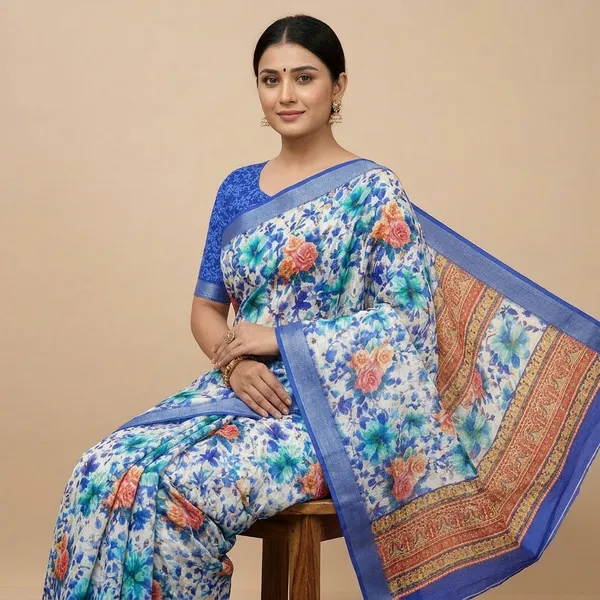 Blue_Pure_Jamdhani_Cotton_Saree_Matching_Blouse_Piece_For_Women
