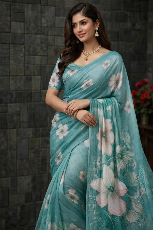 Aqua_Blue_Pure_Georgette_Saree_Matching_Blouse_Piece_For_Women