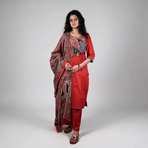 Red_Kalamkari_Cotton_Straight_3-Piece_Kurta_Set_For_Women