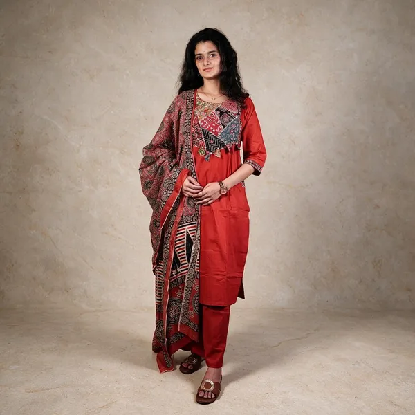 Red_Kalamkari_Cotton_Straight_3-Piece_Kurta_Set_For_Women