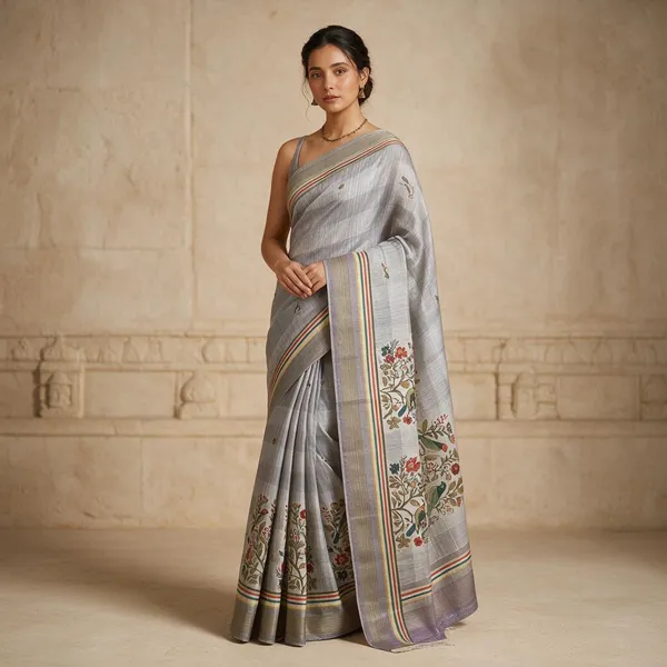 Grey_Jacquard_Lenin_Digital_Saree_For_Women