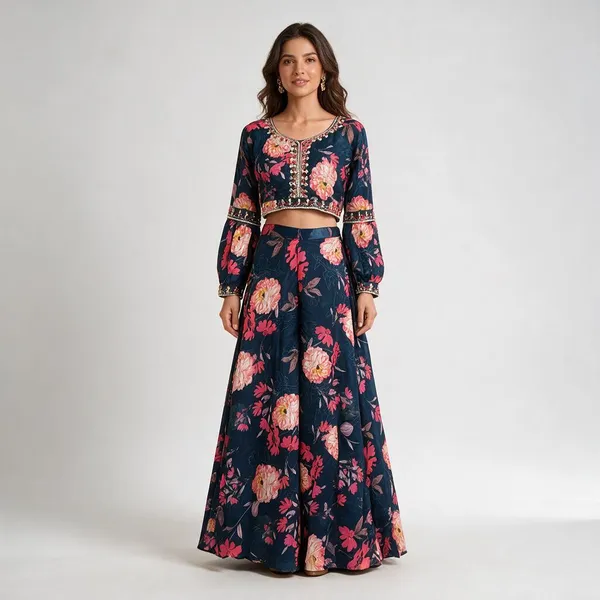 Navy_Blue_Georgette_Silk_Floral_Print_Crop_Top_Set_For_Women