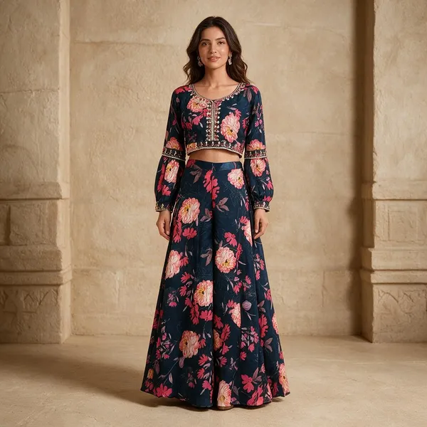 Navy_Blue_Georgette_Silk_Floral_Print_Crop_Top_Set_For_Women