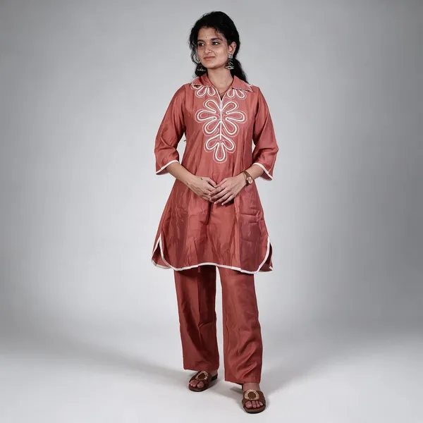 Rust_Cotton_Flared_Embroidered_Cord_Set_For_Women