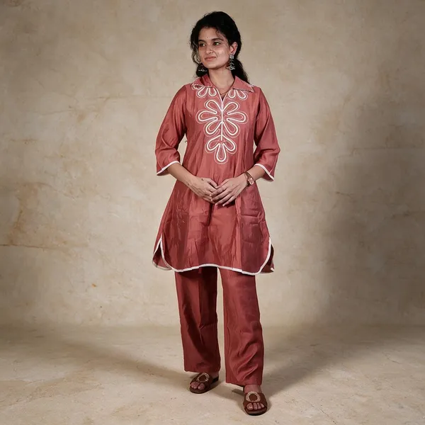 Rust_Cotton_Flared_Embroidered_Cord_Set_For_Women