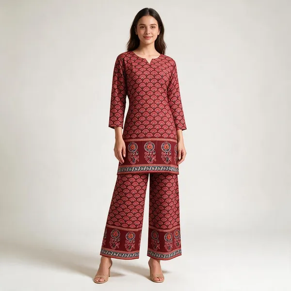 Maroon_Kalamkari_Cotton_Straight_Coord_Set_For_Women
