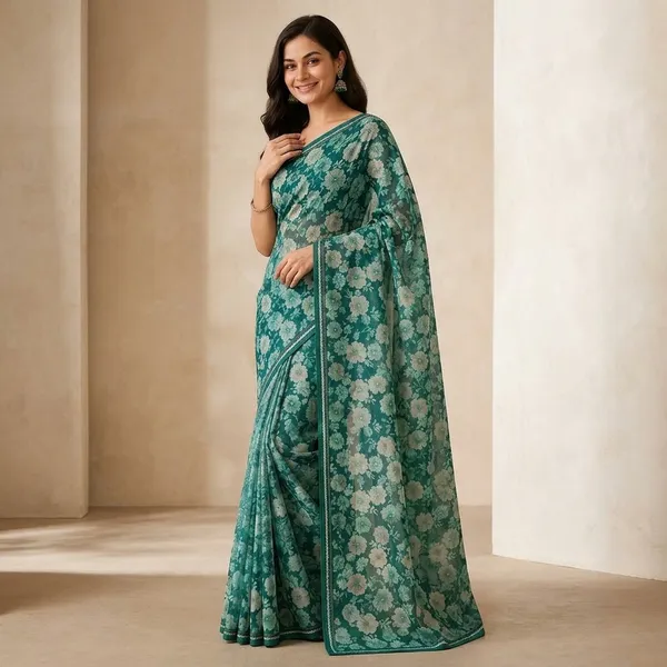 Teal_Georgette_With_Lace_Saree_For_Women