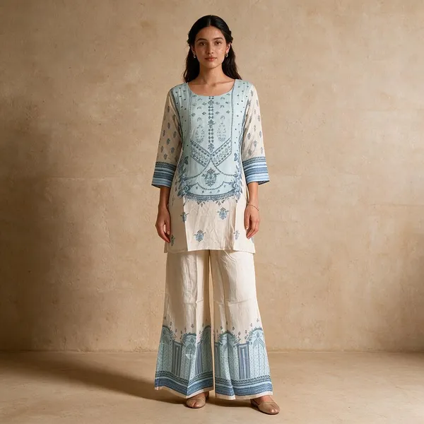 Blue_Mul_Chanderi_Cotton_Straight_Block_Print_Coord_Set_For_Women
