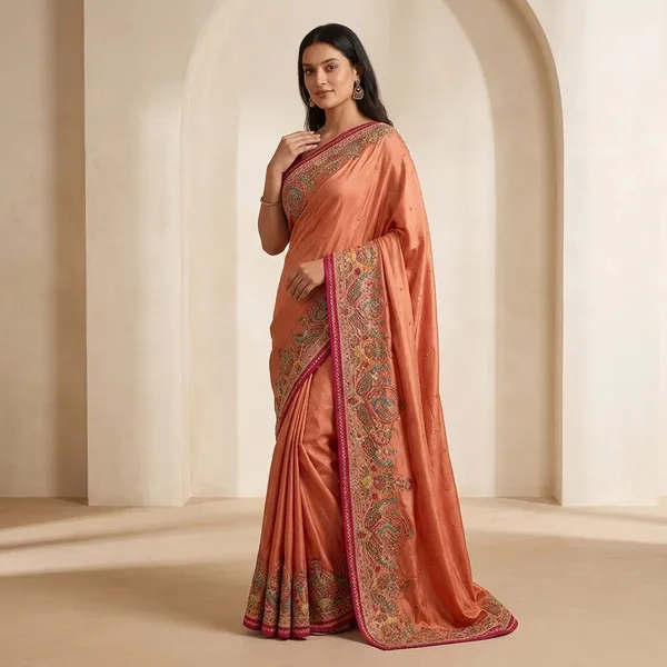 Peach_Vichitra_Silk_With_Handwork_Saree_For_Women