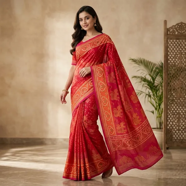 Red_Jacquard_Viscose_With_Bandhani_Print_Saree_For_Women