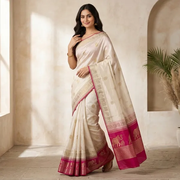 Cream_Jacquard_Viscose_With_Bandhani_Print_Saree_For_Women