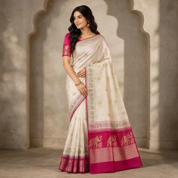 Cream_Jacquard_Viscose_With_Bandhani_Print_Saree_For_Women