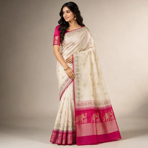 Cream_Jacquard_Viscose_With_Bandhani_Print_Saree_For_Women