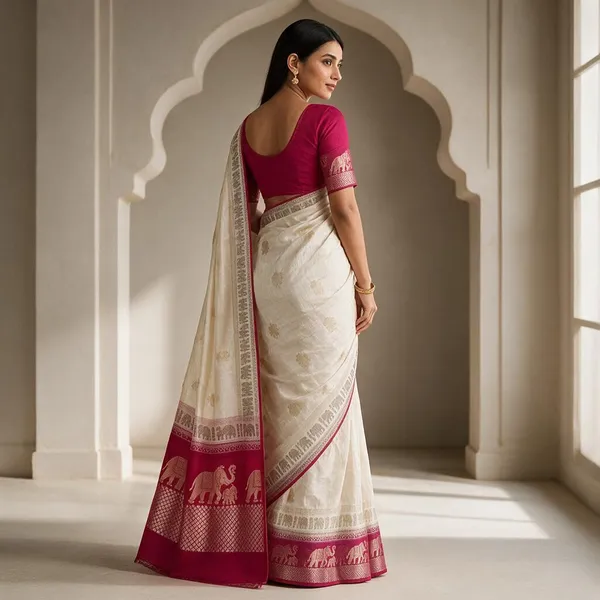 Cream_Jacquard_Viscose_With_Bandhani_Print_Saree_For_Women