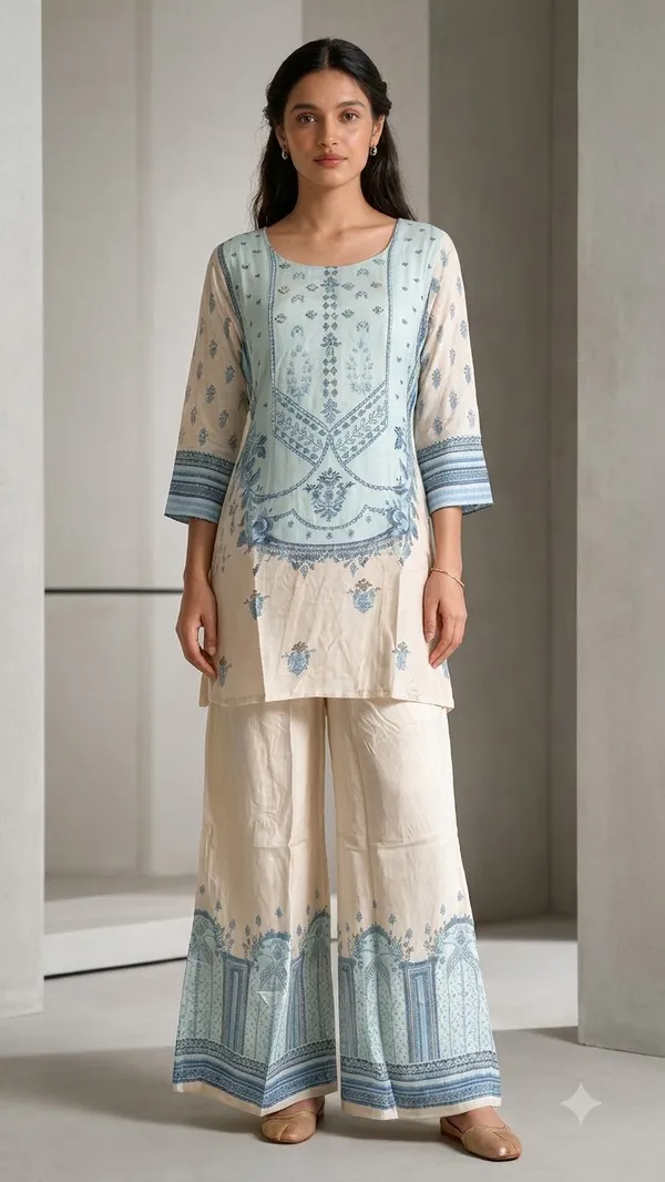 Blue_Mul_Chanderi_Cotton_Straight_Block_Print_Coord_Set_For_Women